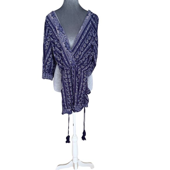 Skies Are Blue Womens Romper Top With Tassels Medium 100% Rayon Navy & White Boh - Picture 2 of 4